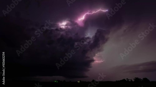  4K Time lapse, Spectacular thunderstorm lightning strikes dark night red shine at sunset