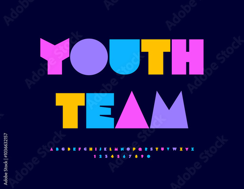Vector artistic sign Youth Team. Unique Colorful Font. Trendy Bright Alphabet Letters and Numbers set.