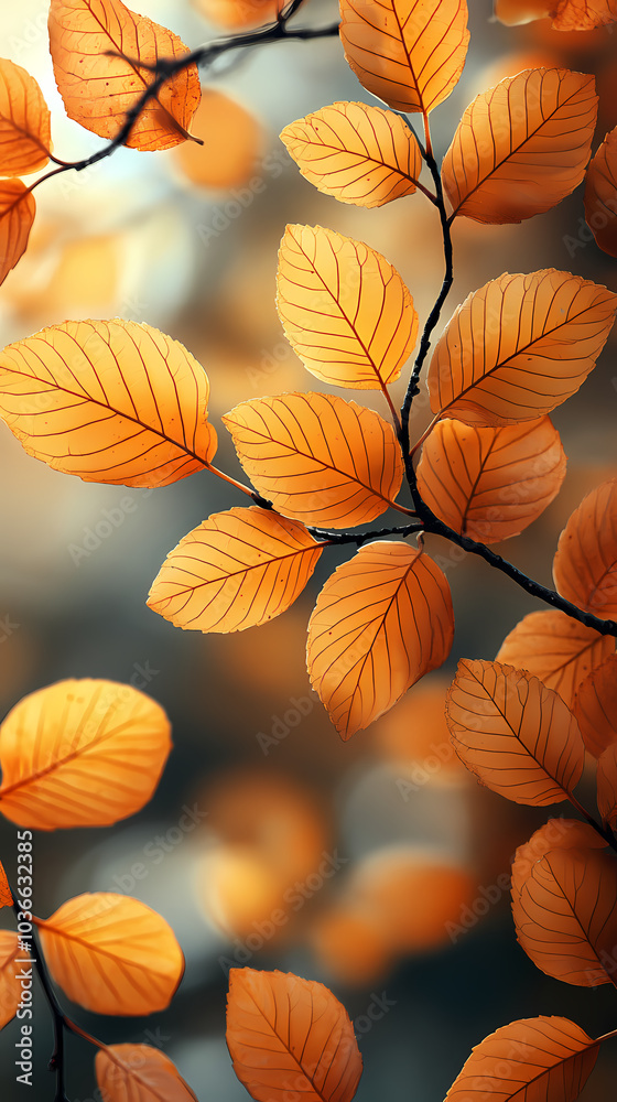 Naklejka premium Autumn leaves yellow branches abstract background, leaf fall concept, yellow leaves bokeh