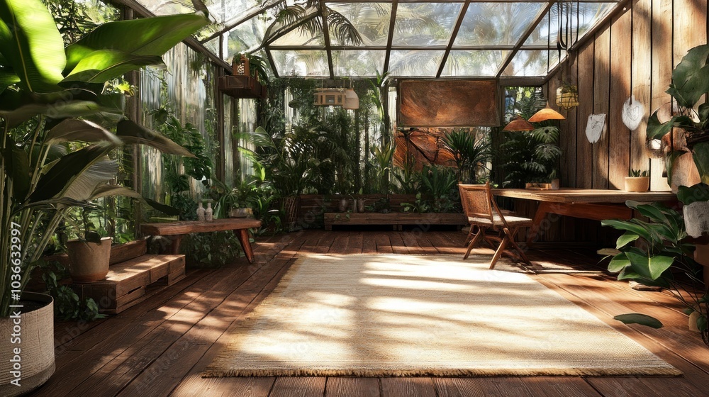 Fototapeta premium A bright and airy greenhouse with a wooden floor, a table and chair, and a rug.
