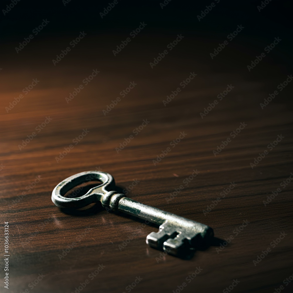 A rustic metal key lying on a wooden surface, partially illuminated by soft lighting. A rustic metal key lying on a wooden surface, partially illuminated by soft lighting.