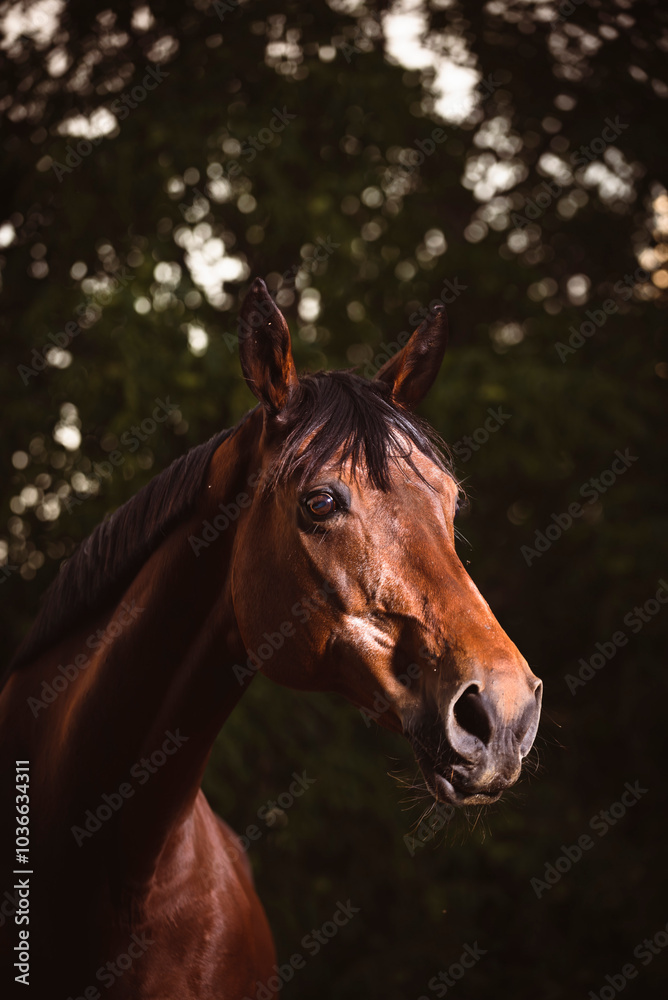 Fototapeta premium Pferd im Abendlicht. Braunes Pferd im Lichtschein
