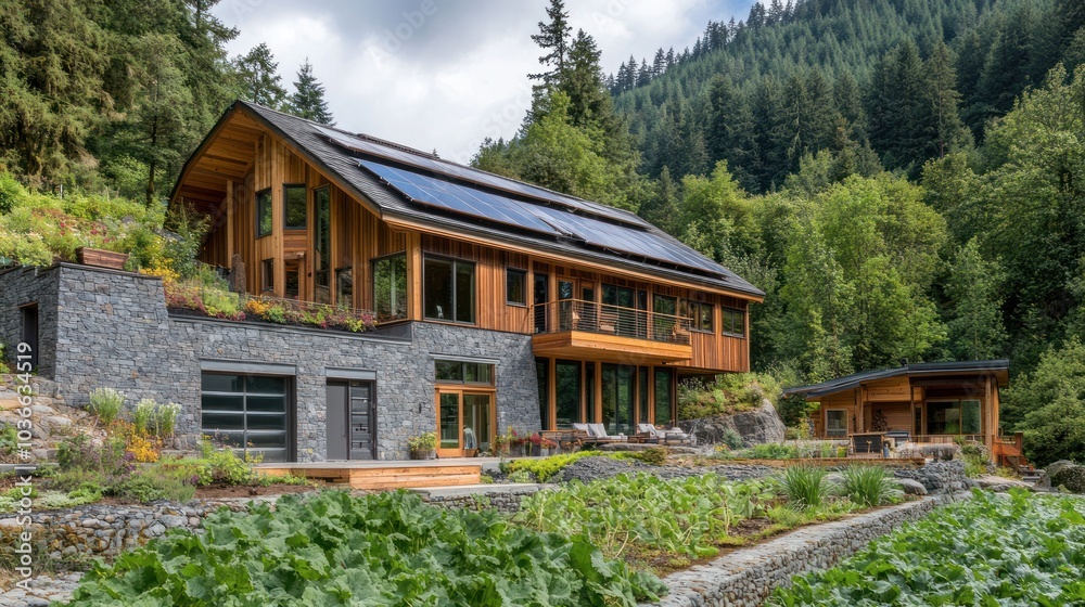 A modern wooden house with solar panels on the roof, nestled in a lush green forest with a stone wall and a garden in the foreground. A modern wooden house with solar panels on the roof, nestled in a lush green forest with a stone wall and a garden in the foreground.