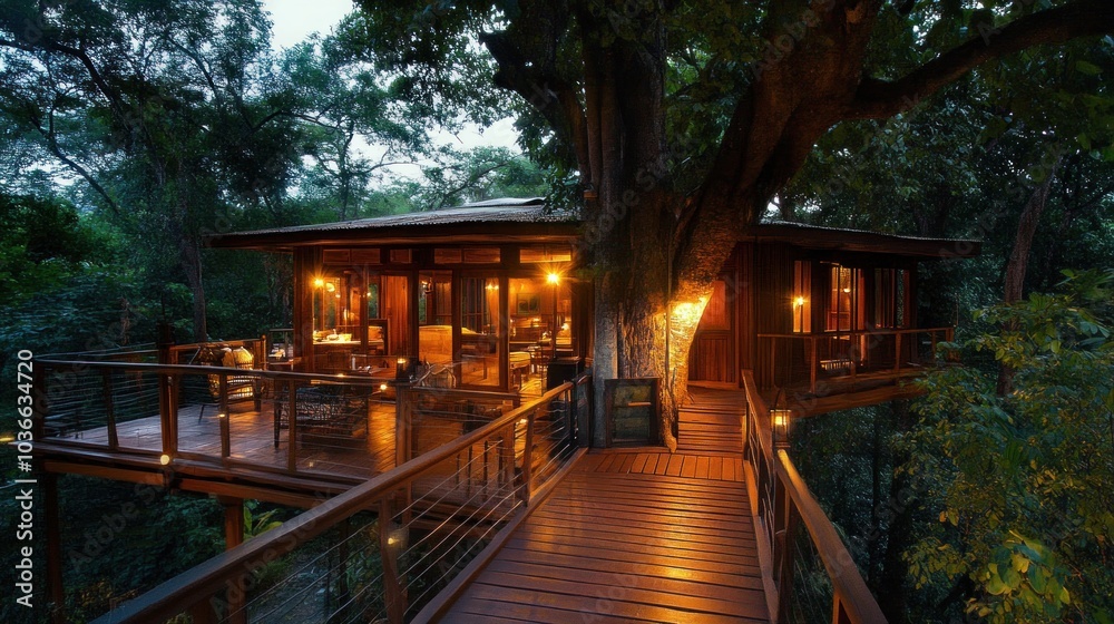 A wooden treehouse with a walkway leading to it, lit by warm lights in the evening. A wooden treehouse with a walkway leading to it, lit by warm lights in the evening.