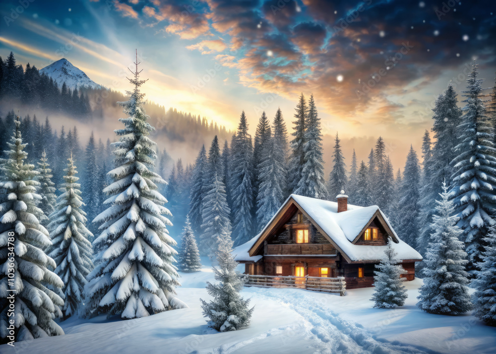 Fototapeta premium cozy wooden ski lodge nestled in snowy forest, surrounded by tall evergreen trees and stunning sunset sky. scene evokes sense of warmth and tranquility amidst winter landscape