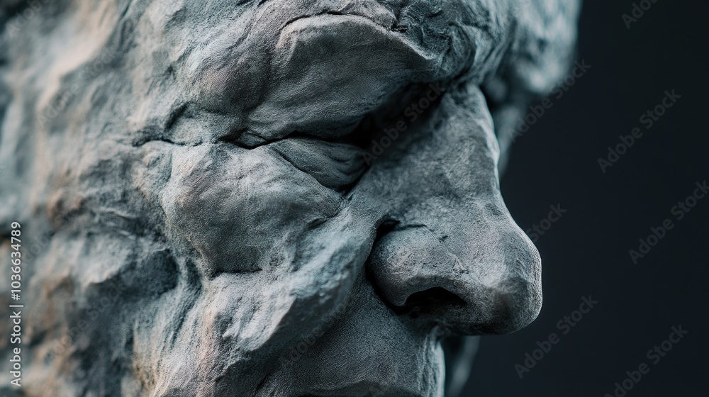 Close-up of an expressive statue depicting aged features, ideal for artistic and cultural projects Close-up of an expressive statue depicting aged features, ideal for artistic and cultural projects