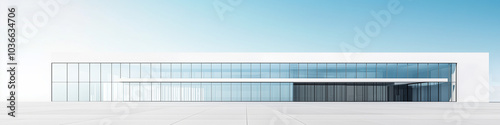 Modern minimalist architecture featuring expansive glass and steel elements, surrounded by open space under a clear blue sky, showcasing clean and sleek design in a photorealistic style.