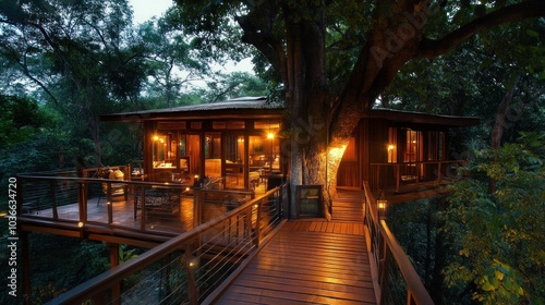 A wooden treehouse with a walkway leading to it, lit by warm lights in the evening.