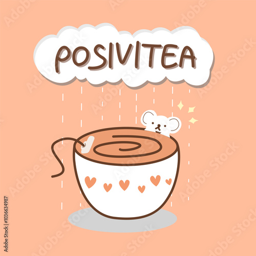 Cute tea cup with raining cloud and quote positivitea. Dessert pun for card design on orange background