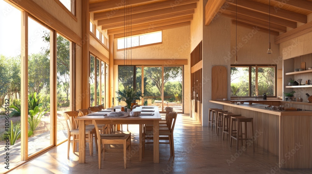 Naklejka premium Modern kitchen and dining area with wooden beams, large windows, and natural light.