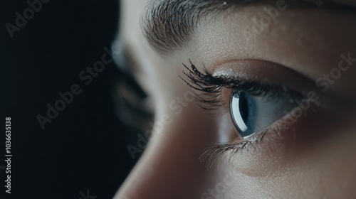 Close-Up Eye Detail: Captivating blue eye with long lashes, highlighting emotion and depth, ideal for art and photography projects.