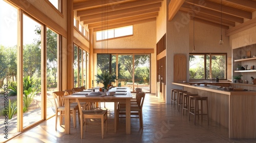Modern kitchen and dining area with wooden beams, large windows, and natural light.