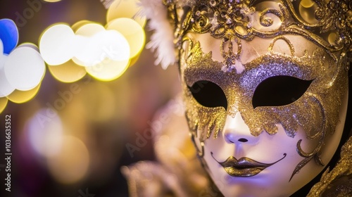 Elegant Golden Mask at Carnival: A striking gold and white masquerade mask with intricate details, perfect for event promotions and festive themes. photo