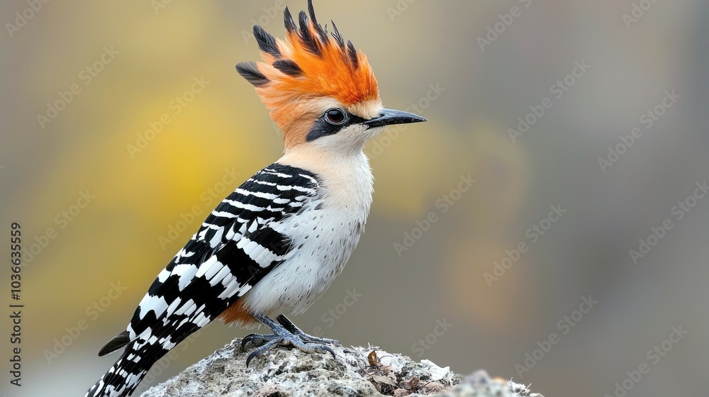 A colorful bird with a distinctive crest stands on a rock, against a blurry background. A colorful bird with a distinctive crest stands on a rock, against a blurry background.