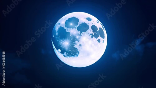 Full moon, detailed lunar surface, glowing blue aura, cosmic energy, night sky