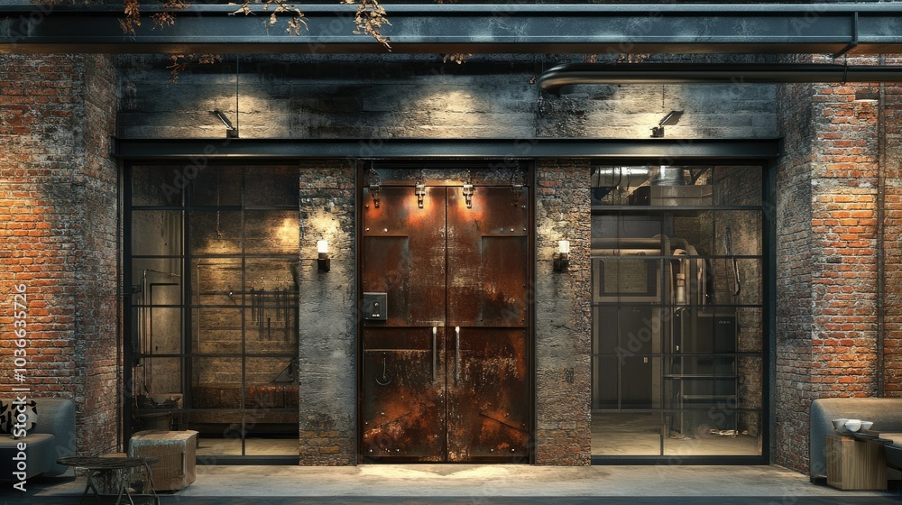 A transformer entrance with asymmetrical metal doors, surrounded by rustic brickwork, giving off an urban industrial vibe A transformer entrance with asymmetrical metal doors, surrounded by rustic brickwork, giving off an urban industrial vibe