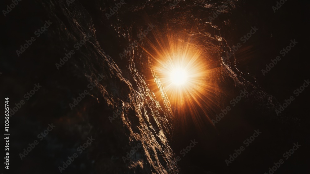 Cinematic Cave Light: A glowing sunburst shining from a dark cave, showcasing textures of rock and dramatic illumination; ideal for adventure themes. Cinematic Cave Light: A glowing sunburst shining from a dark cave, showcasing textures of rock and dramatic illumination; ideal for adventure themes.