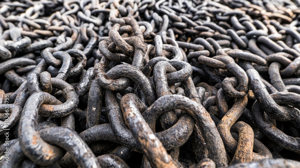 Close-up of interlinked heavy chains showing rusted textures, suitable for industrial themes and artistic compositions. Close-up of interlinked heavy chains showing rusted textures, suitable for industrial themes and artistic compositions.