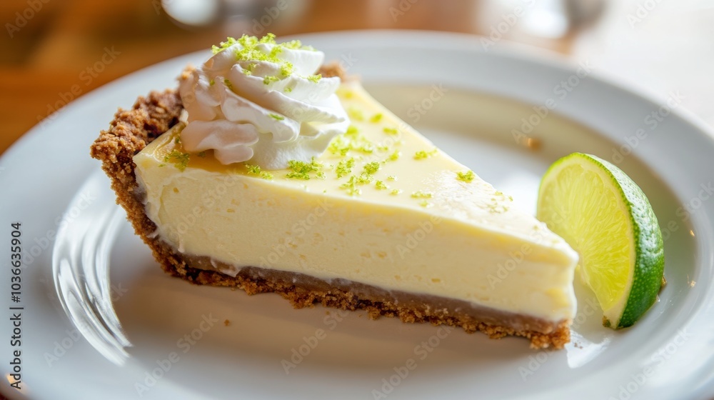 A heavenly slice of key lime pie with a graham cracker crust, topped with whipped cream and lime zest, Pie slice centered A heavenly slice of key lime pie with a graham cracker crust, topped with whipped cream and lime zest, Pie slice centered