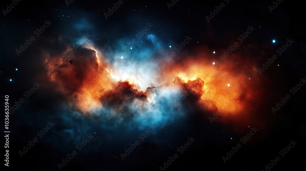 Fototapeta premium Vibrant Cosmic Nebula with Glowing Red, Orange, and Blue Clouds in Deep Space, Abstract Space Art for Sci-Fi and Astronomy