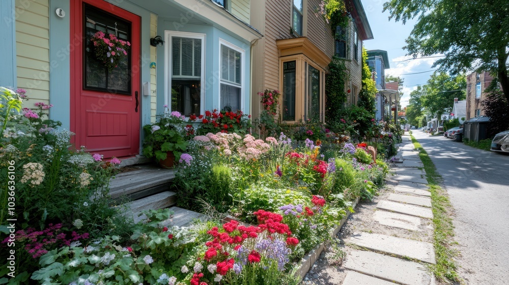 Colorful flowers bloom in front of a row of houses on a sunny day. Colorful flowers bloom in front of a row of houses on a sunny day.