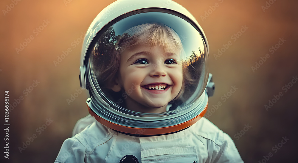 A young child wearing a space suit and smiling A young child wearing a space suit and smiling