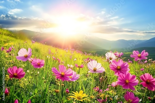 Beautiful landscape with a green field and blue sky