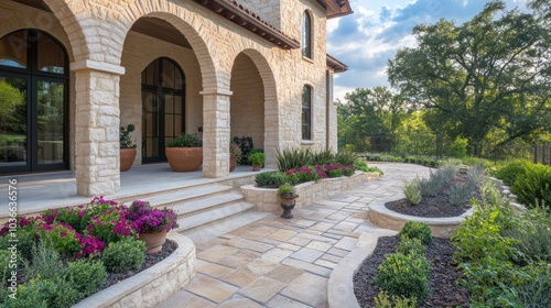 Stone archway entrance with patio, landscaping and lush greenery in the background.