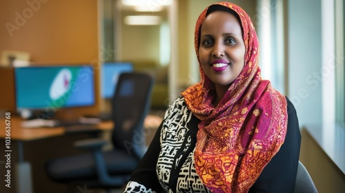 Professional Somali Woman in Modern Office Setting, Dressed in Traditional Hijab, Ideal for Cultural and Business Contexts photo