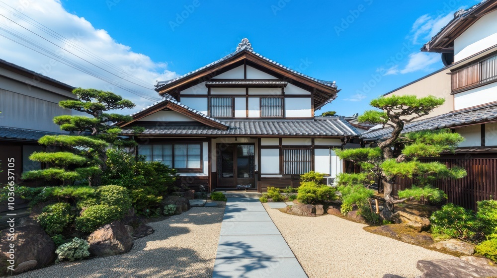 Traditional Japanese house with a gravel garden and a stone walkway.
