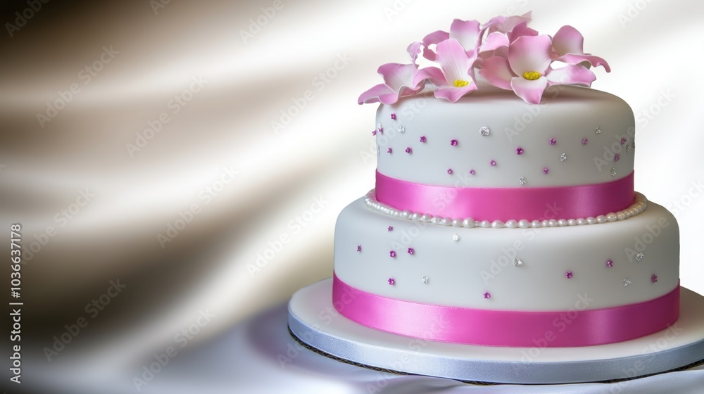 Elegant White Wedding Cake with Pink Flowers and Ribbon