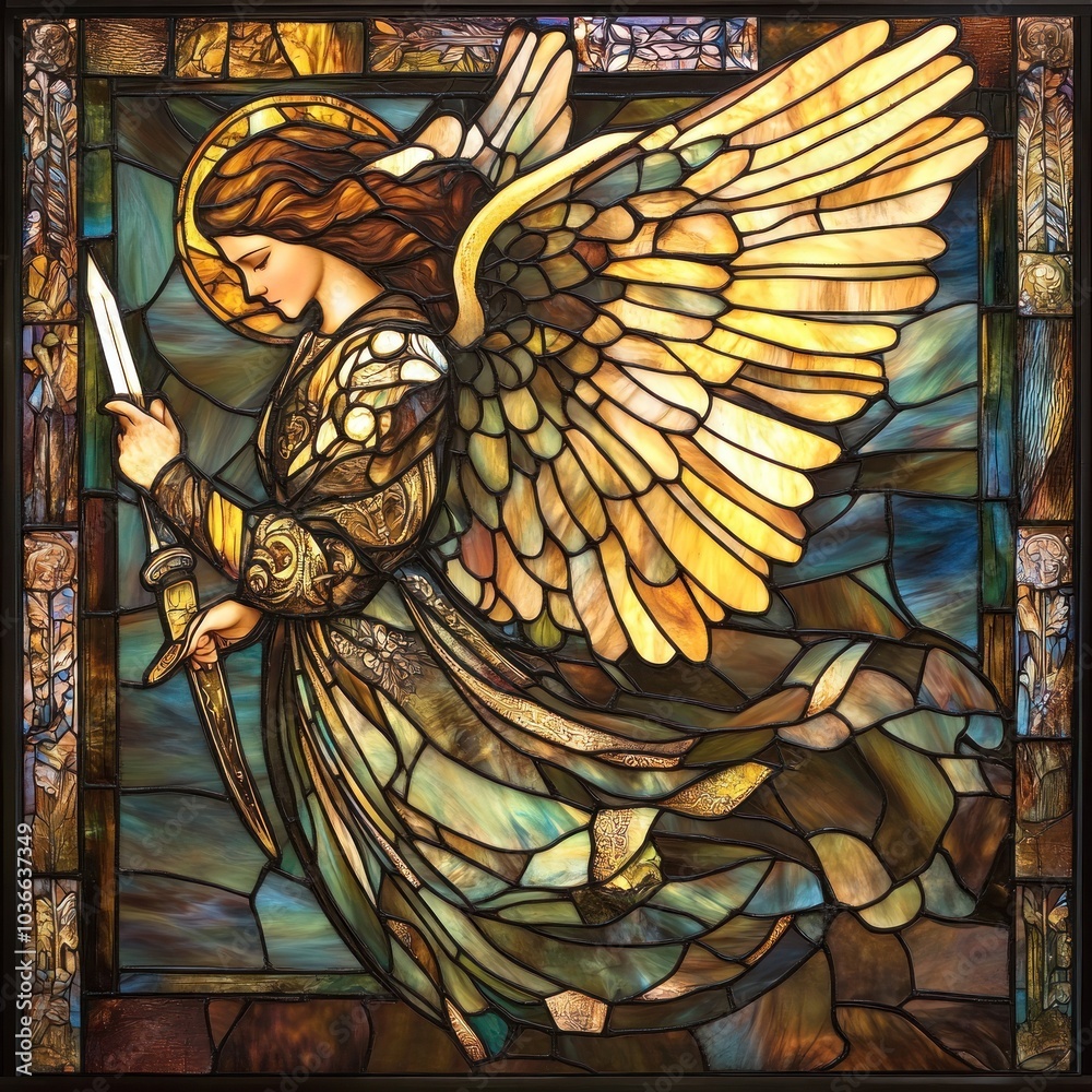 Majestic angelic figure with a glowing sword Majestic angelic figure with a glowing sword