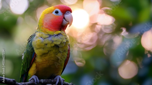A colorful parrot perches on a branch in a lush green forest with the sun shining through the leaves behind it.