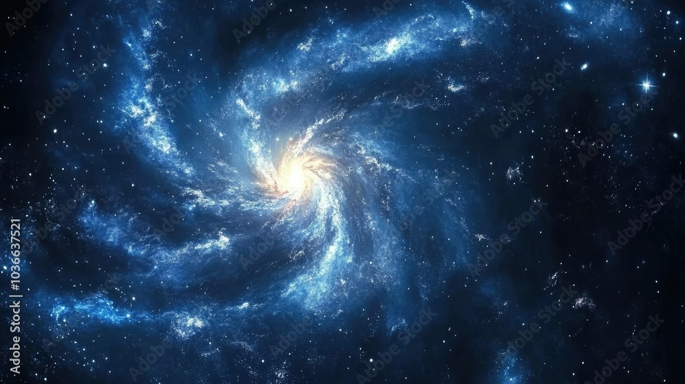 Abstract blue spiral galaxy with bright, twisted arms and star clusters, creating a sense of motion in the vastness of space