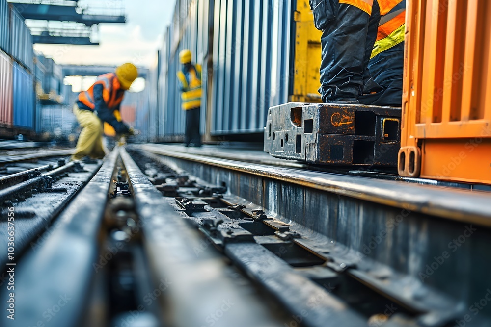 Railroad Tracks at a Cargo Shipping Terminal with Workers Moving Containers Railroad Tracks at a Cargo Shipping Terminal with Workers Moving Containers