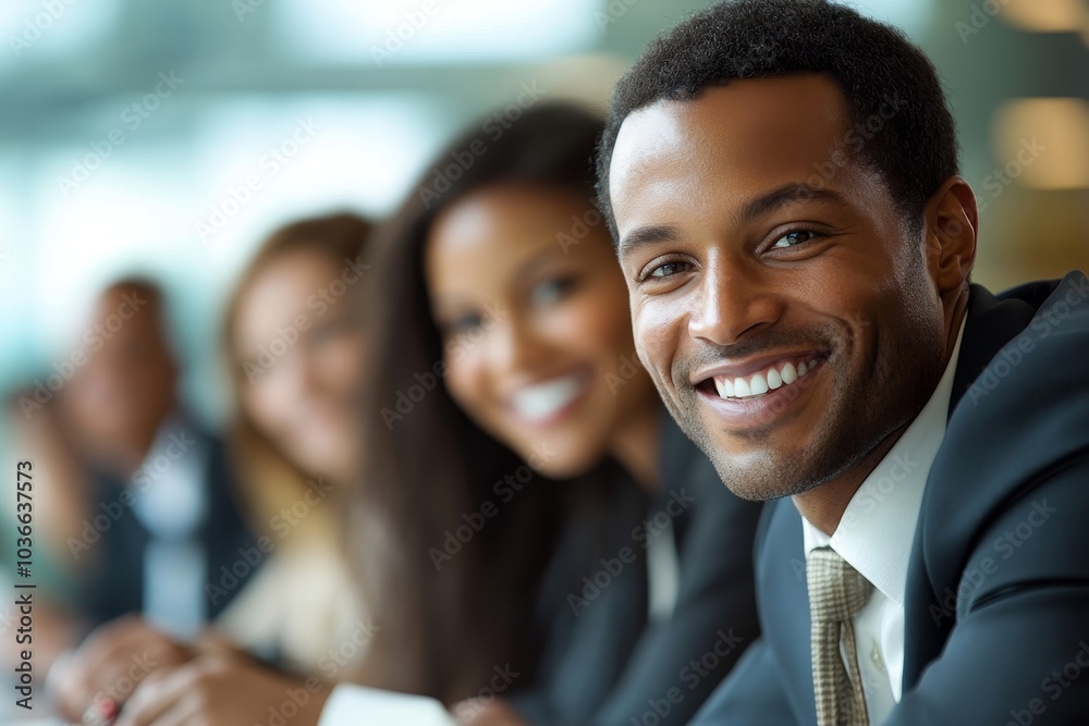 Business people smiling during a meeting, Generative AI Business people smiling during a meeting, Generative AI
