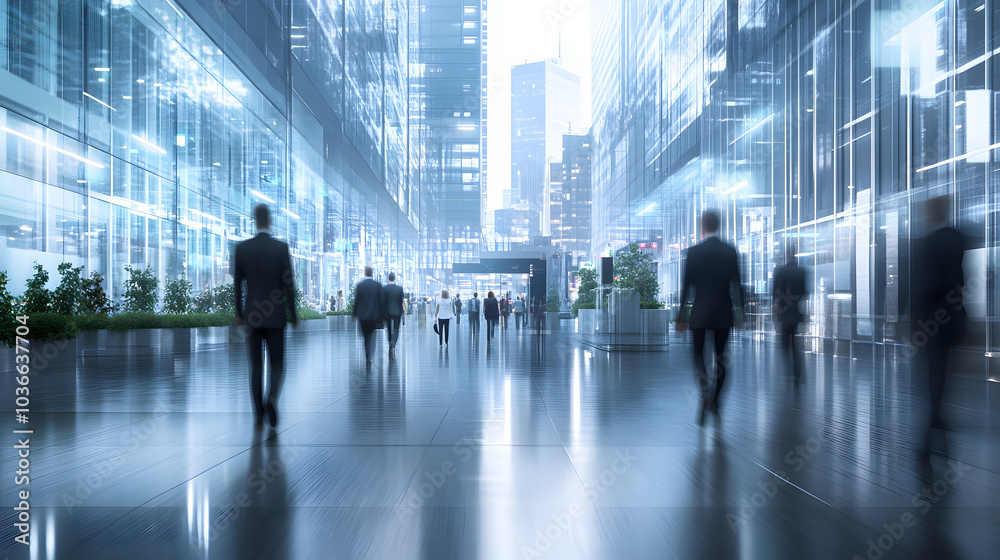 Abstract long exposure motion crowd business people walking commercial centre corporate green office in modern city lobby. Green sustainability natural light indoor plants garden environment Abstract long exposure motion crowd business people walking commercial centre corporate green office in modern city lobby. Green sustainability natural light indoor plants garden environment