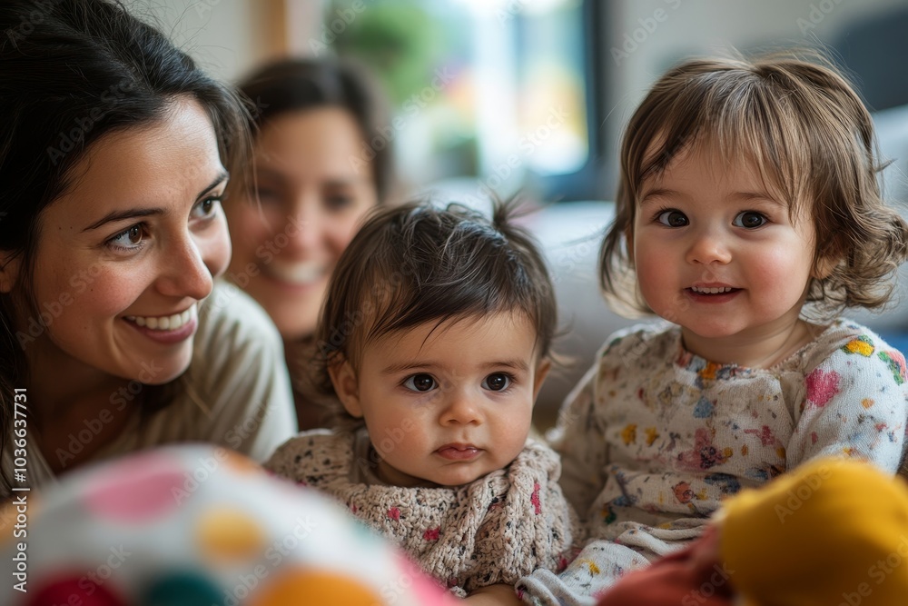 Mothers group with their children at home, Generative AI Mothers group with their children at home, Generative AI