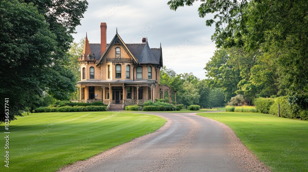 A large, ornate brick home with a long, winding driveway leading up to it, surrounded by lush green lawns and trees. A large, ornate brick home with a long, winding driveway leading up to it, surrounded by lush green lawns and trees.