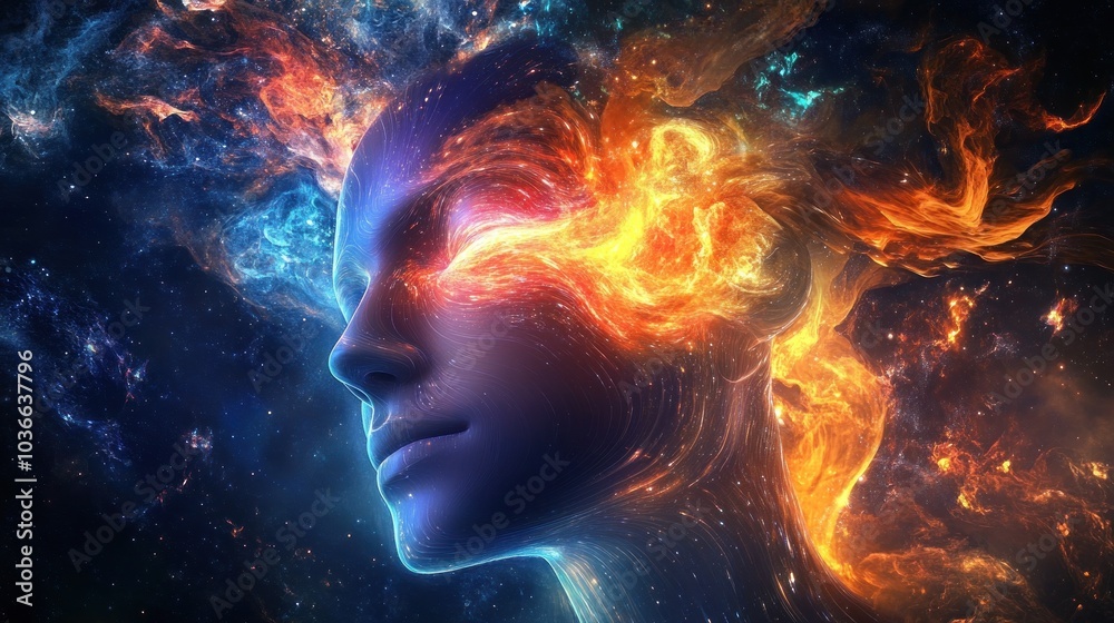 Mystical visage merging into vibrant burning aura Mystical visage merging into vibrant burning aura
