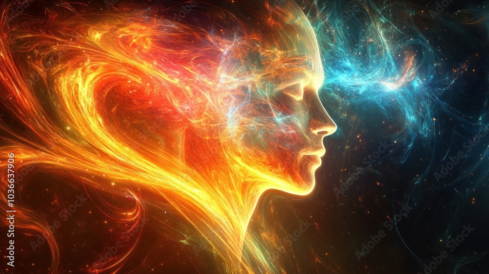 Dual-toned celestial face in cosmic setting Dual-toned celestial face in cosmic setting