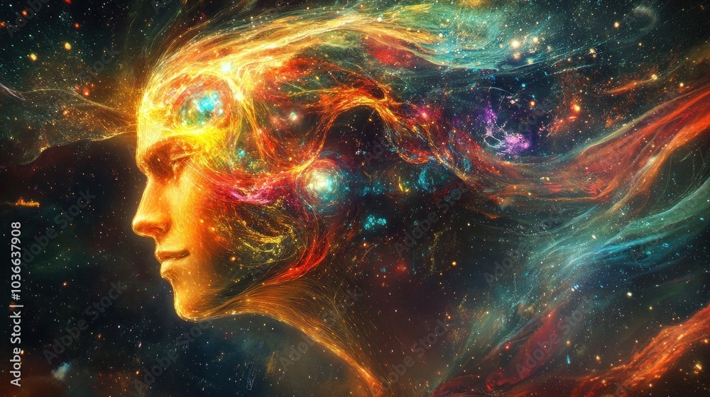 Male figure with radiant cosmos hair design Male figure with radiant cosmos hair design