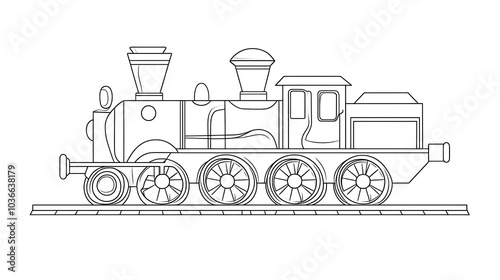 Minimalist design of an old-fashioned steam locomotive with large wheels, drawn in a cartoon style for kids' coloring pages