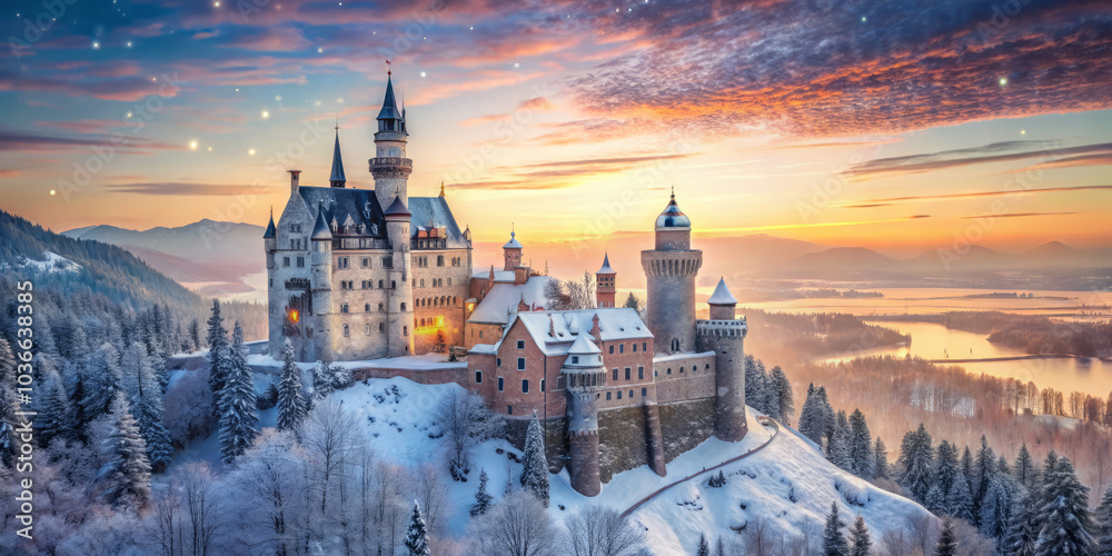 Fototapeta premium stunning winter scene featuring majestic castle surrounded by snow covered trees and mountains, illuminated by beautiful sunset. atmosphere is magical with snowflakes gently falling