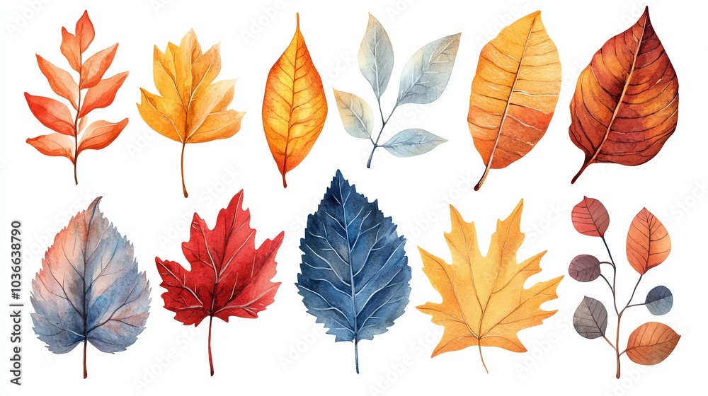 Fototapeta premium A vibrant collection of fall leaves with varied shapes and colors, perfect for autumn-themed designs and seasonal projects.