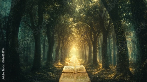 An open book lies on a path leading into a magical forest.