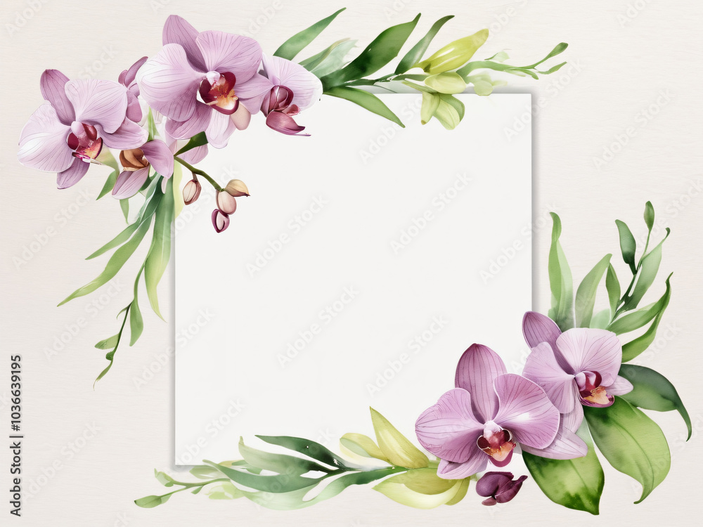 Fototapeta premium Blank wedding card adorned with floral illustrations.