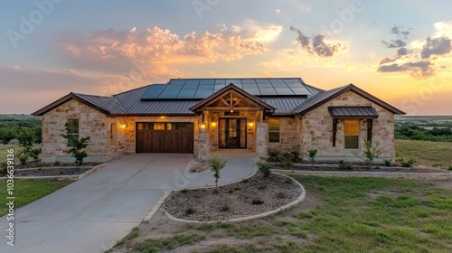 Modern stone home with a wooden front door, a garage door, and solar panels on the roof, set against a bright sky with clouds.