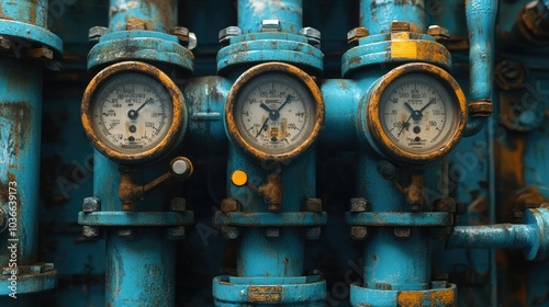 An industrial-themed close-up of gauges mounted on blue pipes, capturing the interplay of colors and details that convey functionality and design