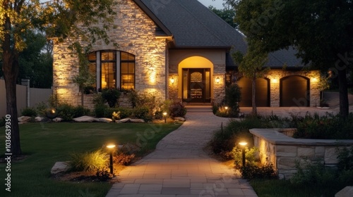 A stone house with a walkway leading to the front door. The house is lit up with warm lights.